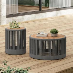 Christopher Knight Home Peyz Acacia Wood Outdoor Side Table Set of 2 with Woven Rope Design, Patio Round Coffee Table Set with Small Side Desk, Functionality Stylish 2 Tables for Garden, Teak + Grey(Teak + Grey)