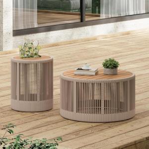 Christopher Knight Home Peyz Acacia Wood Outdoor Side Table Set of 2 with Woven Rope Design, Patio Round Coffee Table Set with Small Side Desk, Functionality Stylish 2 Tables for Garden, Teak + Grey(Teak + Beige)