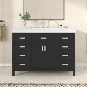 Christopher Knight Home Pineas 48″ Modern Bathroom Vanity with Resin Sink Combo Set, Wooden Bathroom Vanity Organizer with Drawers, Soft Closing Door Bathroom Storage Cabinet with Sink, Black(Black)