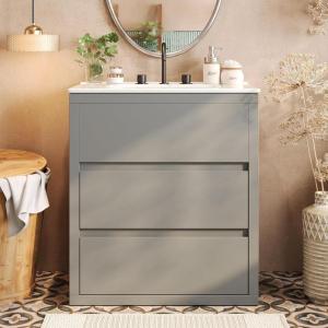 Christopher Knight Home Polla 30″ Bathroom Vanity with Ceramic Sink, Wooden Bathroom Vanity Organizer, Soft Closing Door Bathroom Vanity Cabinet, Freestanding Pedestal Sink Storage Cabinet, Natural(Grey)