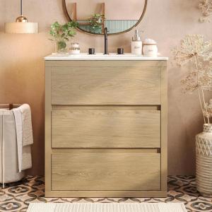 Christopher Knight Home Polla 30″ Bathroom Vanity with Ceramic Sink, Wooden Bathroom Vanity Organizer, Soft Closing Door Bathroom Vanity Cabinet, Freestanding Pedestal Sink Storage Cabinet, Natural(Natural)
