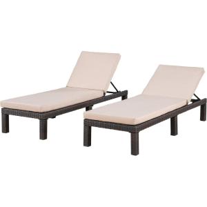Christopher Knight Home Puerta Outdoor Wicker Chaise Lounges with Water Resistant Cushion, 2-Pcs Set, Dark Brown / Beige