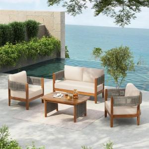 Christopher Knight Home Quixley Acacia Wood 4 Piece Patio Furniture Set, Wooden Patio Conversation Set with Club Chair and Coffee Table, 4-Seater Outdoor Loveseat Sofa Chair and Table Set, Teak+Beige