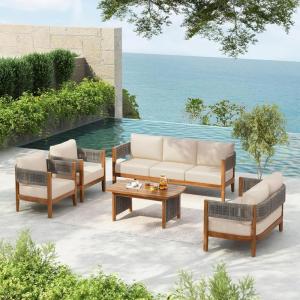 Christopher Knight Home Quixley Acacia Wood 5 Piece Patio Furniture Set, Large Wooden Patio Conversation Set with Club Chair+Coffee Table, 7-Seater Outdoor Loveseat Sofa Chair and Table Set,Teak+Beige