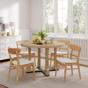 Christopher Knight Home Radoni 5 Piece Wooden Dining Set, Round Dining Table Set for 4, Dining Room Table Set for Home/Apartment, Modern Kitchen Table with Upholstered Chairs, Beige + Natural(Beige + Natural)
