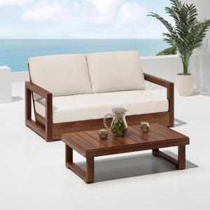 Christopher Knight Home Rammus 2 Pieces Outdoor Conversation Set, Acacia Wood Chat Set, Rectangular Coffee Table and Patio Loveseat Sofa, Slat Design Patio Furniture Set for Garden, Beige + Light Grey(Beige + Mocha)