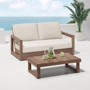 Christopher Knight Home Rammus 2 Pieces Outdoor Conversation Set, Acacia Wood Chat Set, Rectangular Coffee Table and Patio Loveseat Sofa, Slat Design Patio Furniture Set for Garden, Beige + Light Grey(Beige + Brown)