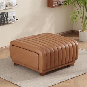 Christopher Knight Home Reyno Upholstered Ottoman with Storage for Living Room, Faux Leather Storage Ottoman Foot Rest with Side Drawers, Modern Square Coffee Table with Wooden Frame, Grey(Brown)