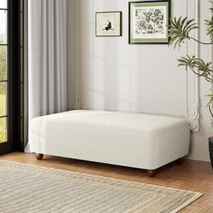 Christopher Knight Home Rika 48″ Comfy Boucle Upholstered Bedroom Bench, Ottoman Bench with Rounded Wooden Legs, Spacious Seating, Long Footstool for Living Room, Entryway Bench, Tan Brown(White + Walnut)