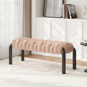Christopher Knight Home Roach 41″ Modern Teddy Braided Upholstered Entryway Bench, Ottoman Bench with Curved Metal Legs, Long Footstool for Living Room Dining Room, End of Bed Ottoman, Grey(Dark Beige)
