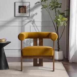 Christopher Knight Home Rones Modern Velvet Upholstered Accent Chair, Wooden Living Room Club Chair with Curved Backrest, Minimalist Bedroom Comfy Reading Chair, Thick Padded Seat, Dark Brown+Walnut(Mustard Yellow+brown)