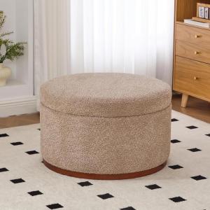 Christopher Knight Home Sadin Modern Round Ottoman with Storage for Living Room, Lift-Lid Storage Ottoman Coffee Table, Velvet Upholstered Ottoman Foot Rest, No Assembly Needed, Olive Green(Light Brown)