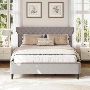 Christopher Knight Home Salus Linen Upholstered Queen Size Bed Frame with Headboard, Modern Queen Bed Frame and Headboard, Wooden Slats Support, Easy Assembly, No Box Spring Needed, Beige(Grey)