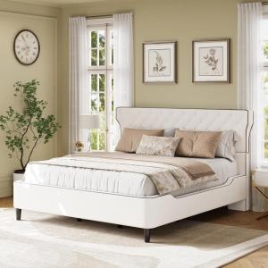 Christopher Knight Home Salus Linen Upholstered Queen Size Bed Frame with Headboard, Modern Queen Bed Frame and Headboard, Wooden Slats Support, Easy Assembly, No Box Spring Needed, Beige(Beige)