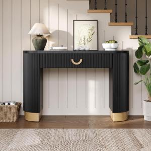 Christopher Knight Home Sama Narrow Console Table with Metal Drawer Pull, Vertical Ribbed Design Indoor Accent Table, MDF Wood Display Table with Metal Drawer Pull for Home Decoration, Black