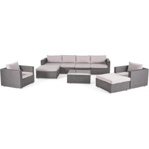 Christopher Knight Home Santa Rosa Outdoor 6-Seater Wicker Sectional with Aluminum Frame and Water Resistant Cushions, 9-Pcs Set, Grey / Silver