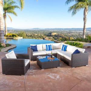 Christopher Knight Home Santa Rosa Outdoor Wicker 6-Seater Sectional Sofa Set with Aluminum Frame and Water Resistant Cushions, 7-Pcs Set, Multibrown / Beige(Multibrown / Beige)