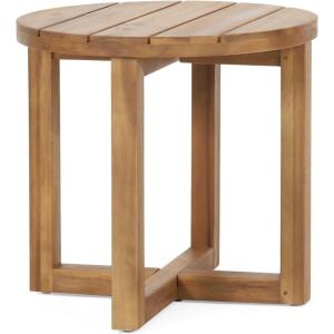Christopher Knight Home Selma Acacia Wood Outdoor Side Table, Decorative Rectangular Small Accent Table, Weather Resistant Patio End Table for Balcony Beach Pool Side, Slatted Design, White PU(Hamel circular With Teak Finish)