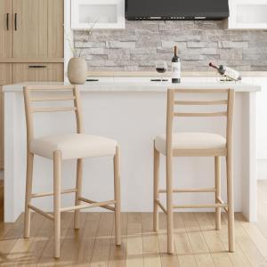 Christopher Knight Home Senna 25.5” Farmhouse Counter Height Bar Stools Set of 2, Fabric Upholstered Bar Stool with Ladder Back, Wooden Counter Stools with Slender Tapered Legs and Footrest, Beige(30”)