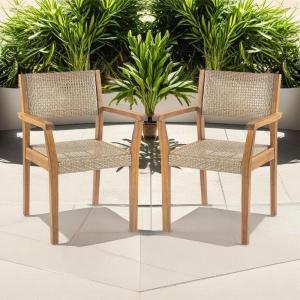 Christopher Knight Home Set of 2 Amaris Farmhouse Patio Garden Furntiure Acacia Wood Dining Chairs, Armchair for Indoor/Outdoor Dinner, Woven Wicker Accents, Poolside Kitchen Side Chair, Teak+Beige