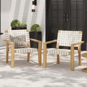 Christopher Knight Home Set of 2 Lena Patio Furniture Acacia Wood Armchair, Woven Rope Outdoor Club Chair, Deep Seating Porch Chairs for Garden, Backyard/Balcony, Light Teak Finish & Black(Light Teak Finish & White)