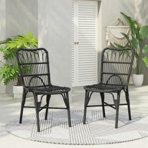 Christopher Knight Home Set of 2 Rekker Patio PE Wicker Dining Chairs, Outdoor Woven Rattan Accent Chair with Iron Frame, Fully Assembled Lounge Chair Outdoor for Garden/Backyard/Balcony, Natural(Black+grey)