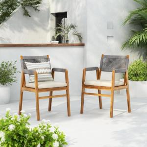 Christopher Knight Home Set of 2 Terry Farmhouse Country Patio Acacia Wood Dining Armchairs, Outdoor Side Chair with Rope Woven Backrest,Garden/Backyard Accent Chair with Cushions,Black+Natural Brown(Grey+natural Brown)