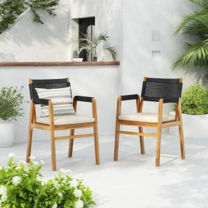 Christopher Knight Home Set of 2 Terry Farmhouse Country Patio Acacia Wood Dining Armchairs, Outdoor Side Chair with Rope Woven Backrest,Garden/Backyard Accent Chair with Cushions,Black+Natural Brown(Black+natural Brown)