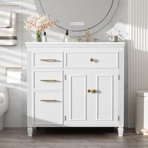 Christopher Knight Home Shandy 36″ Bathroom Vanity with Ceramic Sink, Freestanding Wooden Bathroom Vanity Organizer, Soft Closing Door Bathroom Storage Cabinet with Drawer and Adjustable Shelf, Black(White)