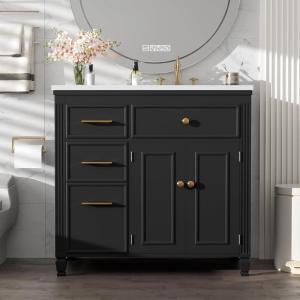Christopher Knight Home Shandy 36″ Bathroom Vanity with Ceramic Sink, Freestanding Wooden Bathroom Vanity Organizer, Soft Closing Door Bathroom Storage Cabinet with Drawer and Adjustable Shelf, Black(Black)