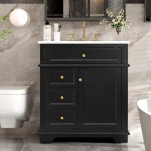 Christopher Knight Home Silane 30″ Bathroom Vanity with Ceramic Sink, Freestanding Wooden Bathroom Vanity Organizer, Soft Closing Door Bathroom Storage Cabinet with Drawer, Black(Black)