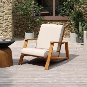 Christopher Knight Home Smeb Lounge Chair Outdoor with Cushions, Acacia Wood Adirondack Chair, Slatted Design Side Chair, Extra Seating for Balcony Backyard Poolside Garden, White + Beige(Teak + Beige)
