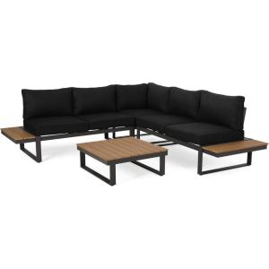Christopher Knight Home Stacy Outdoor Aluminum V-Shaped 5 Seater Sofa Set with Cushions, Dark Gray, Gray, and Natural(Gray + Natural + Dark Gray)