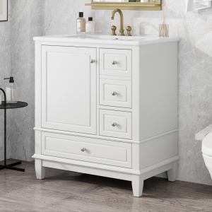 Christopher Knight Home Supah 30″ Bathroom Vanity with Ceramic Sink, Rubberwood Frame, One Door with Shelf and Three Drawers, Storage Cabinet, Toilet Organizer, Soft Close Door, Light Green(White)