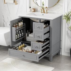Christopher Knight Home Supah 30″ Bathroom Vanity with Ceramic Sink, Rubberwood Frame, One Door with Shelf and Three Drawers, Storage Cabinet, Toilet Organizer, Soft Close Door, Light Green(Grey)