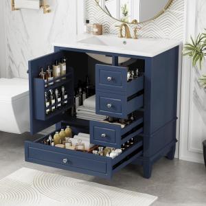 Christopher Knight Home Supah 30″ Bathroom Vanity with Ceramic Sink, Rubberwood Frame, One Door with Shelf and Three Drawers, Storage Cabinet, Toilet Organizer, Soft Close Door, Light Green(Blue)