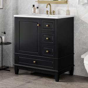 Christopher Knight Home Supah 30″ Bathroom Vanity with Ceramic Sink, Rubberwood Frame, One Door with Shelf and Three Drawers, Storage Cabinet, Toilet Organizer, Soft Close Door, Light Green(Black)