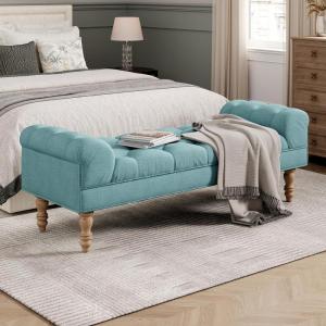 Christopher Knight Home Teaki Mid-Century Modern Upholstered Ottoman Bench, Wooden Bedroom End of Bed Bench, Tufted Top Entryway Ottoman Foot Rest, Living Room Sofa Extra Seat, Pink(Dusty Teal)