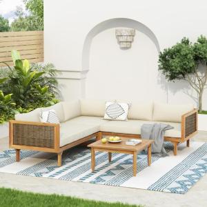 Christopher Knight Home Tenntt 5-Seater Acacia Wood Patio Furniture Set, Outdoor Conversation Sofa Chat Set with Coffee Table, Wicker Arm, Sectional Seating Group for Backyard Balcony, Teak+Light Gray(Teak+beige)