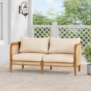 Christopher Knight Home Tilden Acacia Wood Outdoor Loveseat, 2-Seater Patio Furniture Sofa with Wicker Accent, Wooden Patio Sofa Couch with Armrest+Cushions, Comfy Lounging/Reading Chair, Teak+Beige
