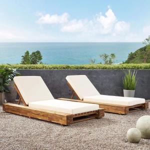 Christopher Knight Home Tory Acacia Wood Chaise Lounge Chair Outdoor Set of 2, Adjustable Backrest Sun Lounger Recliner, Patio Outdoor Chaise Lounge with 4″ Thick Water-Resistant Cushions, Teak+Cream