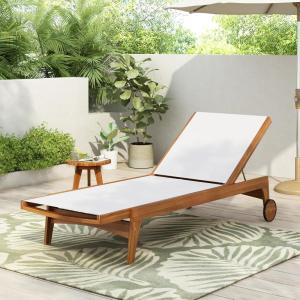 Christopher Knight Home Tristy Chaise Lounge Chair Outdoor, Acacia Wood Frame Sunbathing Pool Lounger, Adjustable Backrest Single Lounge Sofa, Patio Lounge Chaise for Poolside, Green + Natural(White + Natural)