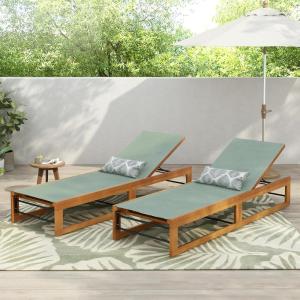 Christopher Knight Home Tristz Patio Chaise Lounge Chair Outdoor Set of 2, Acacia Wood Sunbathing Pool Lounger with Breathable Mesh Seat, Adjustable Backrest Reclining Chair, Teak+ Beige(Teak+mint Green)