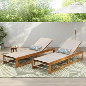 Christopher Knight Home Tristz Patio Chaise Lounge Chair Outdoor Set of 2, Acacia Wood Sunbathing Pool Lounger with Breathable Mesh Seat, Adjustable Backrest Reclining Chair, Teak+ Beige(Teak+ Beige)