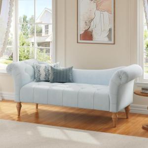 Christopher Knight Home Ucal Velvet Upholstered End of Bed Ottoman, Wooden Living Room Ottoman Bench with Curved Arms, Long Entryway Bench with Button Tufting, Long Seating for Bedroom, Light Blue