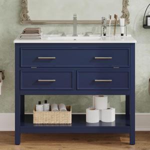 Christopher Knight Home Udell 36″ Bathroom Vanity with Sink, Modern Freestanding Bathroom Sink Cabinet with Tip-Out Drawer and Open Shelf, Bathroom Storage Cabinet with Sink Combo Set, Blue(Blue)