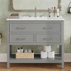 Christopher Knight Home Udell 36″ Bathroom Vanity with Sink, Modern Freestanding Bathroom Sink Cabinet with Tip-Out Drawer and Open Shelf, Bathroom Storage Cabinet with Sink Combo Set, Blue(Grey)
