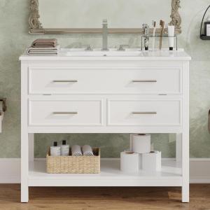 Christopher Knight Home Udell 36″ Bathroom Vanity with Sink, Modern Freestanding Bathroom Sink Cabinet with Tip-Out Drawer and Open Shelf, Bathroom Storage Cabinet with Sink Combo Set, Blue(White)