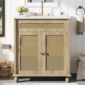 Christopher Knight Home Valeri 30″ Farmhouse Bathroom Vanity with Resin Sink, Wooden Bathroom Vanity Organizer with Hidden Drawer, Soft Closing Door Bathroom Storage Cabinet, Natural Brown