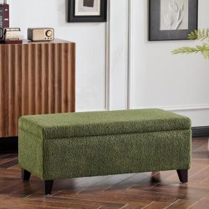 Christopher Knight Home Vayne Boucle Storage Ottoman, Rectangular Ottoman Bench, Birch Wood Legs, Upholstered Ottoman with Storage, Foot Rest Bench for Living Room, Entryway and Bedroom, White(Green)